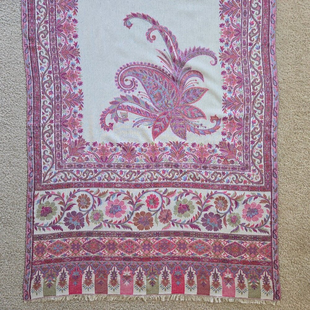 NWOT Cashmere Kashmiri Scarf Shawl Jacquard Embroidered Pink Purple